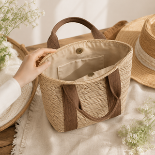 Woven bag with a hand reaching inside, placed on a soft surface with flowers and a hat in the background.