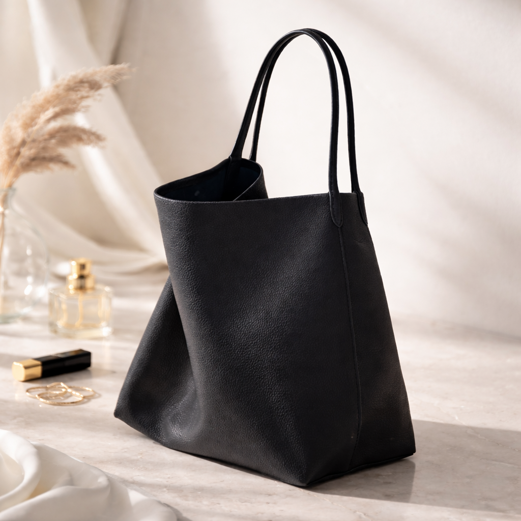 Black leather tote bag on a light surface with decorative elements