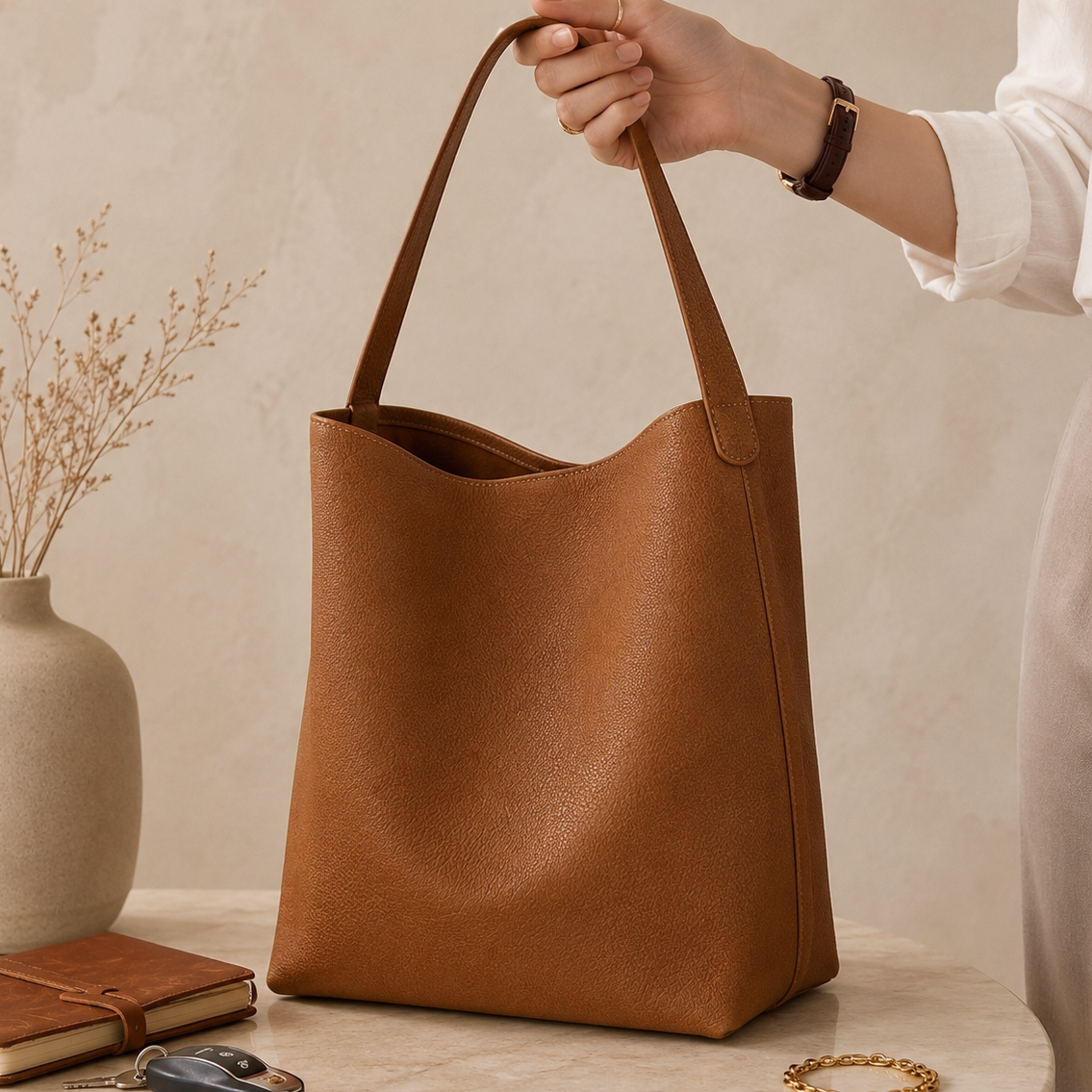 Brown leather tote bag held by a hand on a neutral background