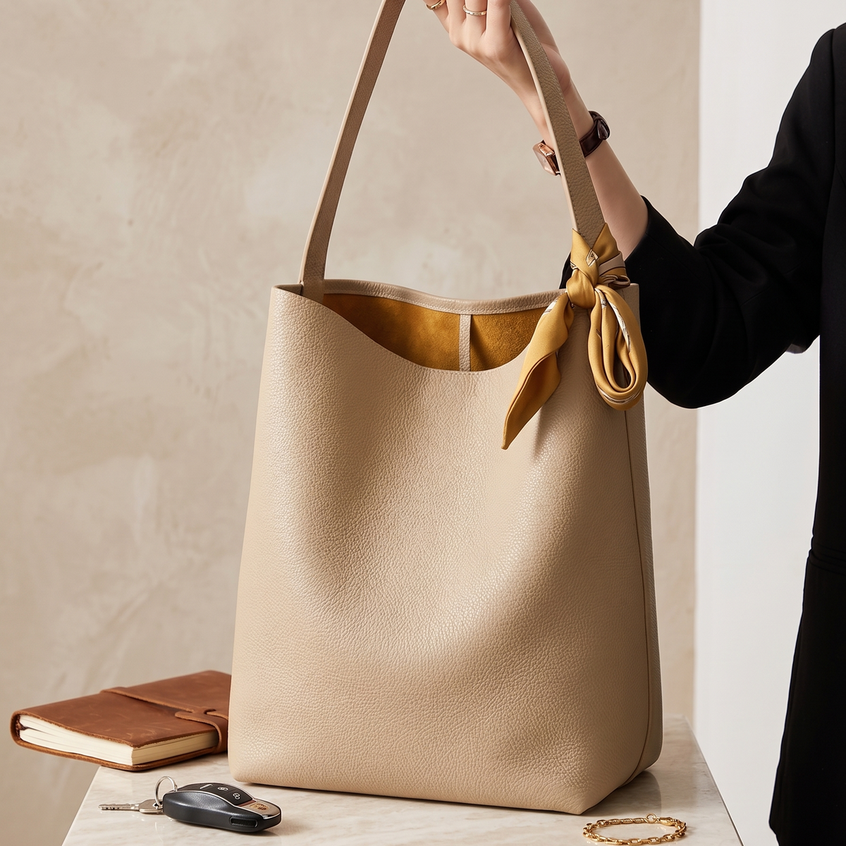 Beige handbag with gold accents held by a person, with a beige wall and marble surface in the background.