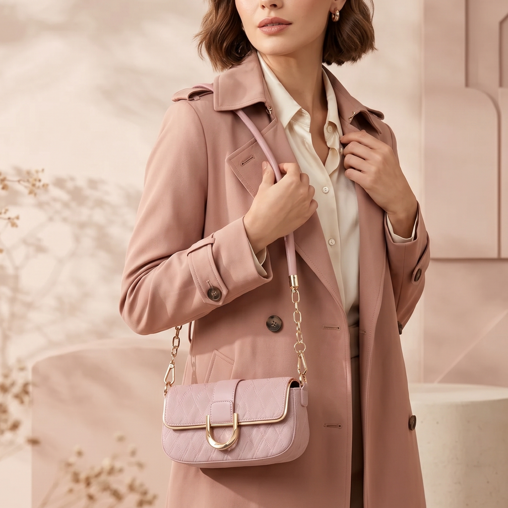 Woman in a pink coat holding a matching handbag against a soft, neutral background