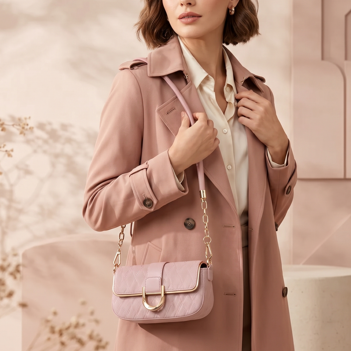 Woman in a pink coat holding a matching handbag against a soft, neutral background